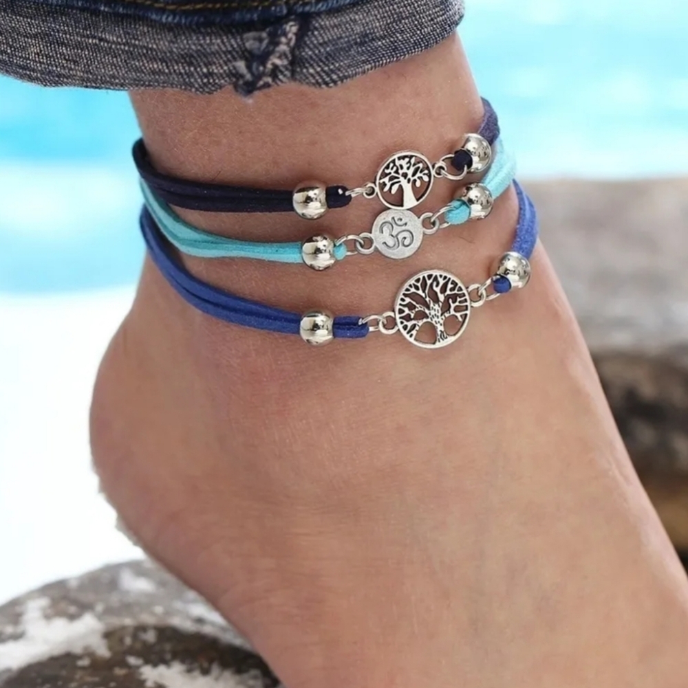 Boho Leather Anklets 3Pc